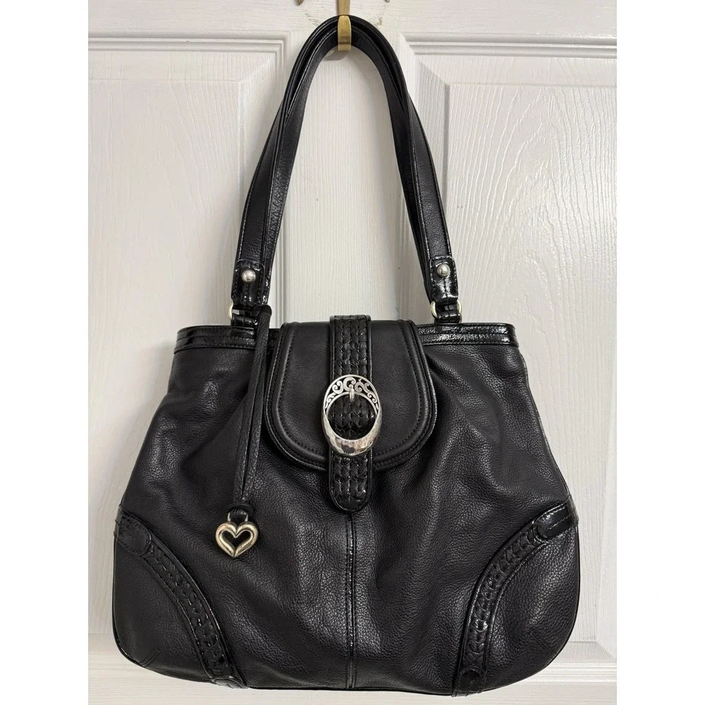 Brighton Handbag Black Leather Hobo Purse Heart Charm Shoulder Bag Silver Detail